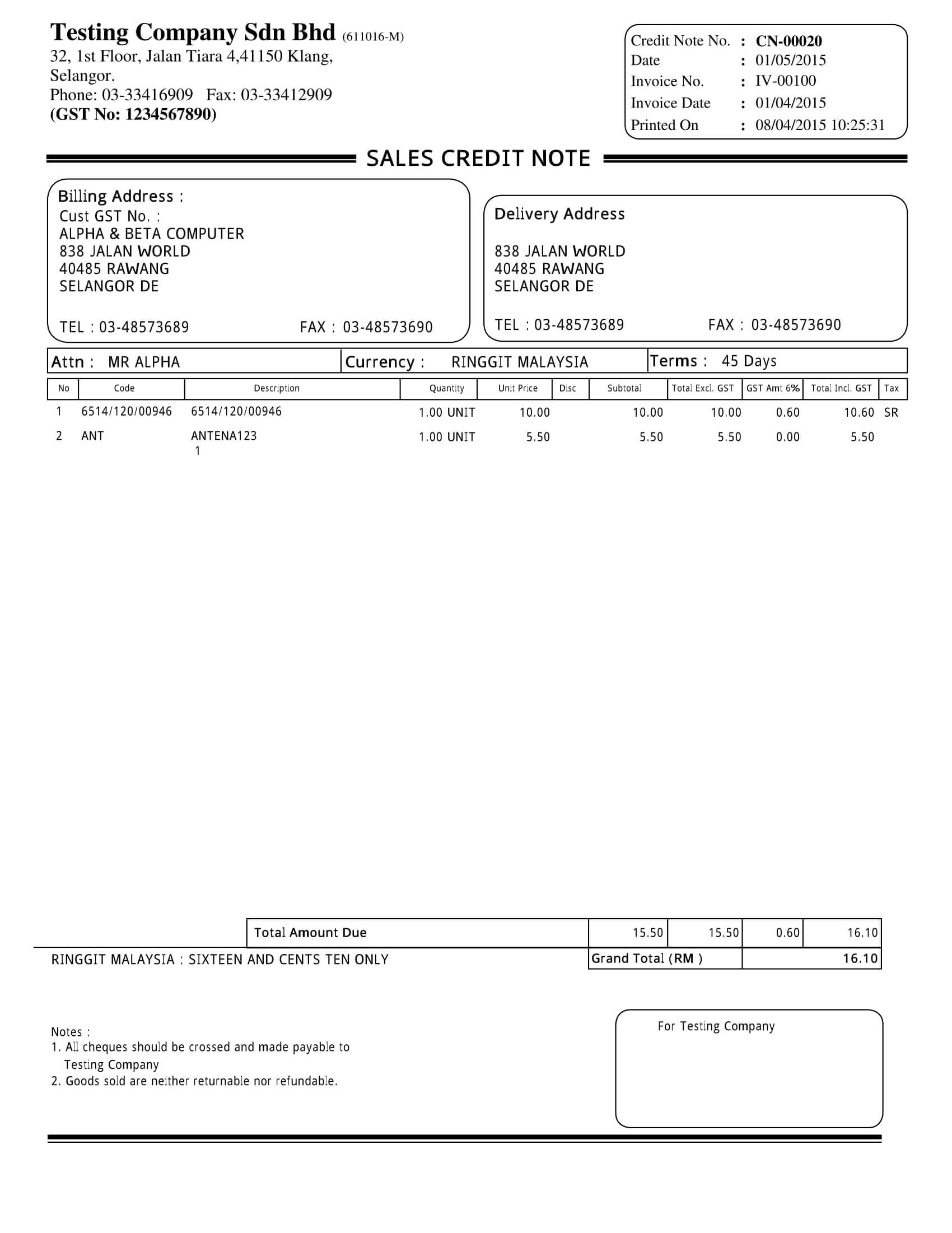 01 Sales Credit Note E Stream MSC