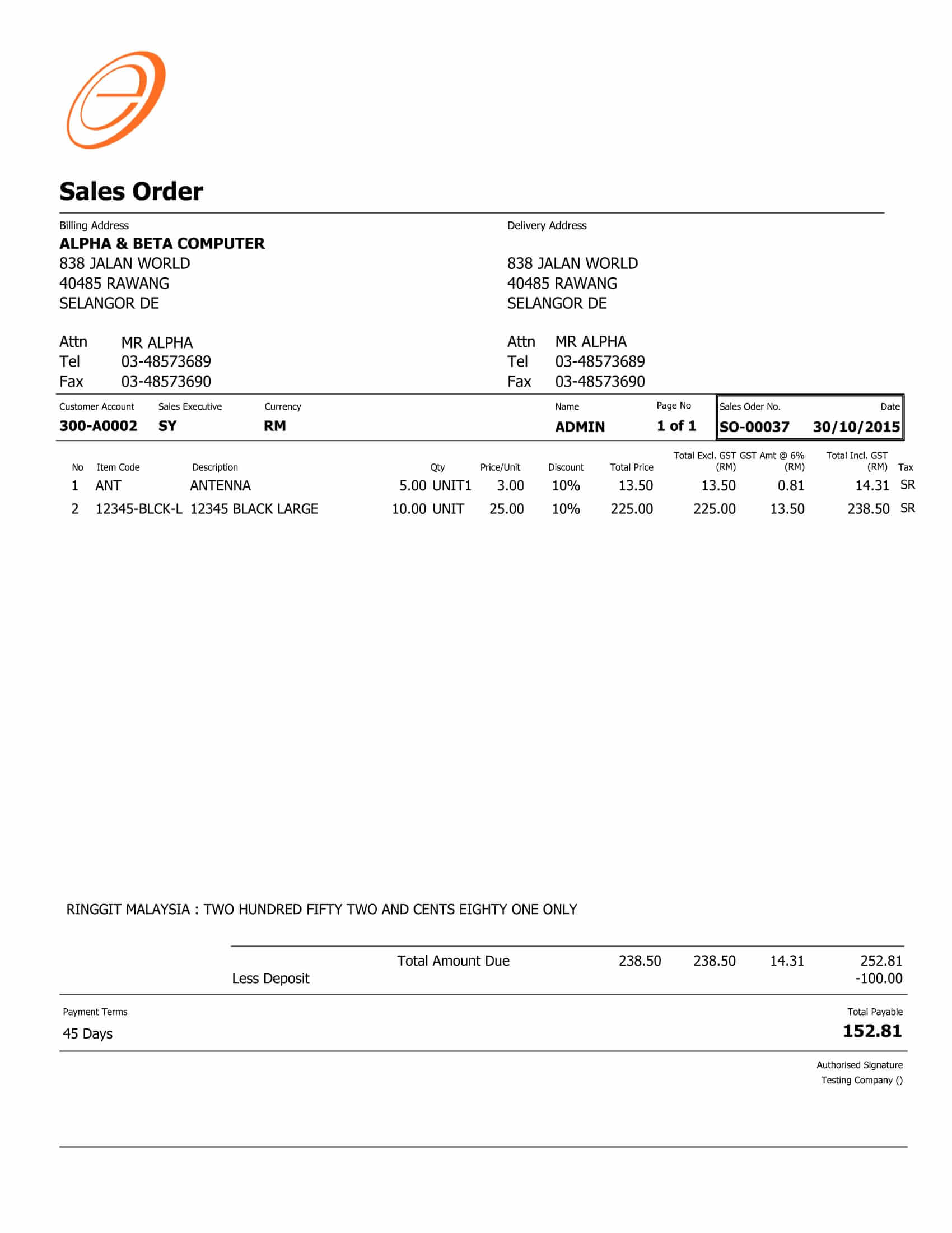 Sales Order 1 GST Deposit