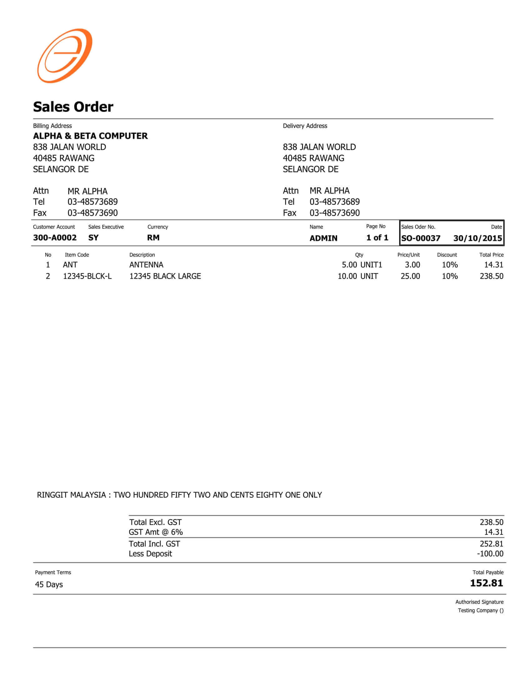 Sales Order 2 GST Deposit