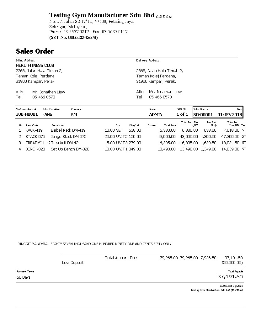 002 Sales Order 1 Deposit SST