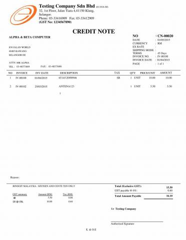 04 Sales Credit Note (With GST Summary)